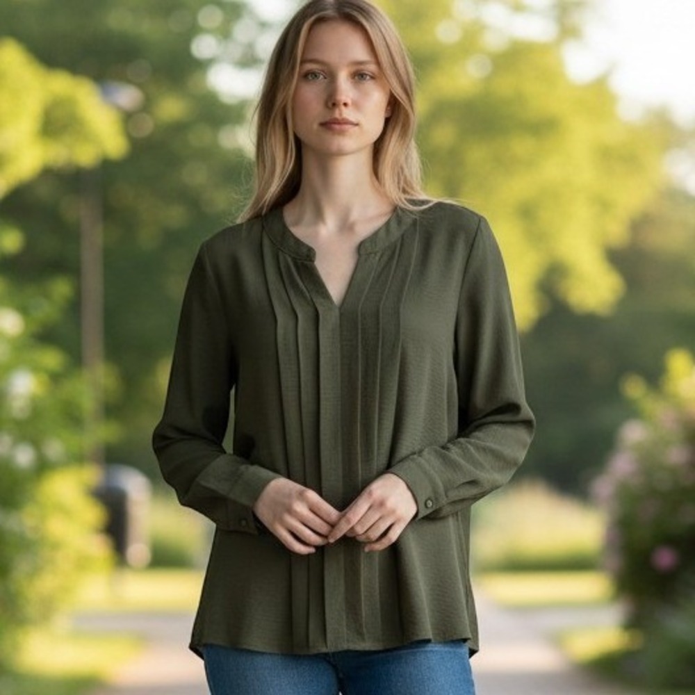 "B" Olive Green Pleated Front Long Sleeve Split V-Neck Crepe Blouse Small